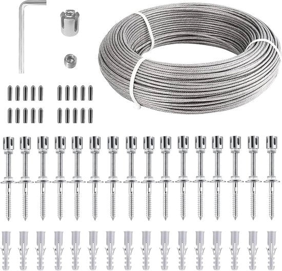 Supporto per piante in acciaio inossidabile per giardino e balcone - aiuto per piante rampicanti con sostegni per muro e cavo in acciaio di 3 mm (24 m di corda + 16 sostegni)