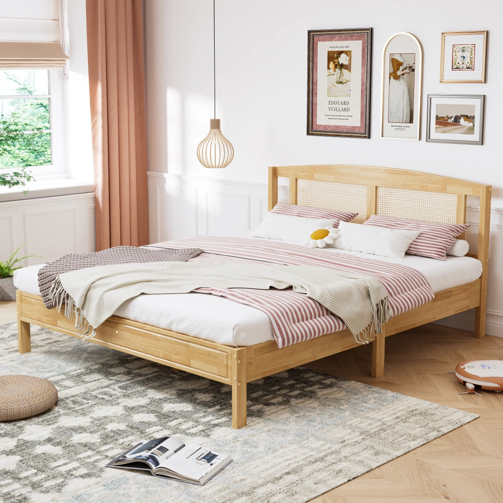 Letto matrimoniale in rattan 160x200 cm, struttura in pino e PE-rattan, colore naturale