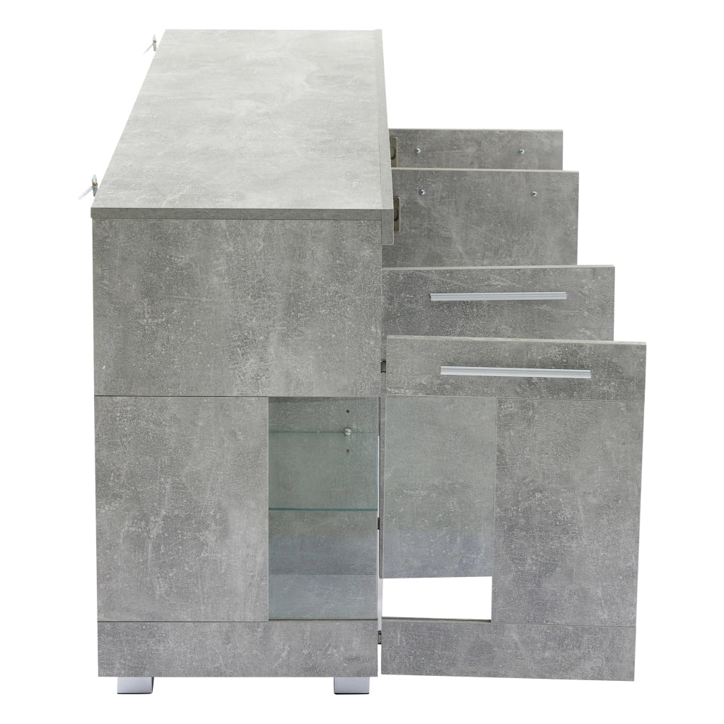Credenza LED con 3 cassetti e 6 vani, ante in vetro temperato, per soggiorno, grigio cemento, 140 × 40 × 70 cm