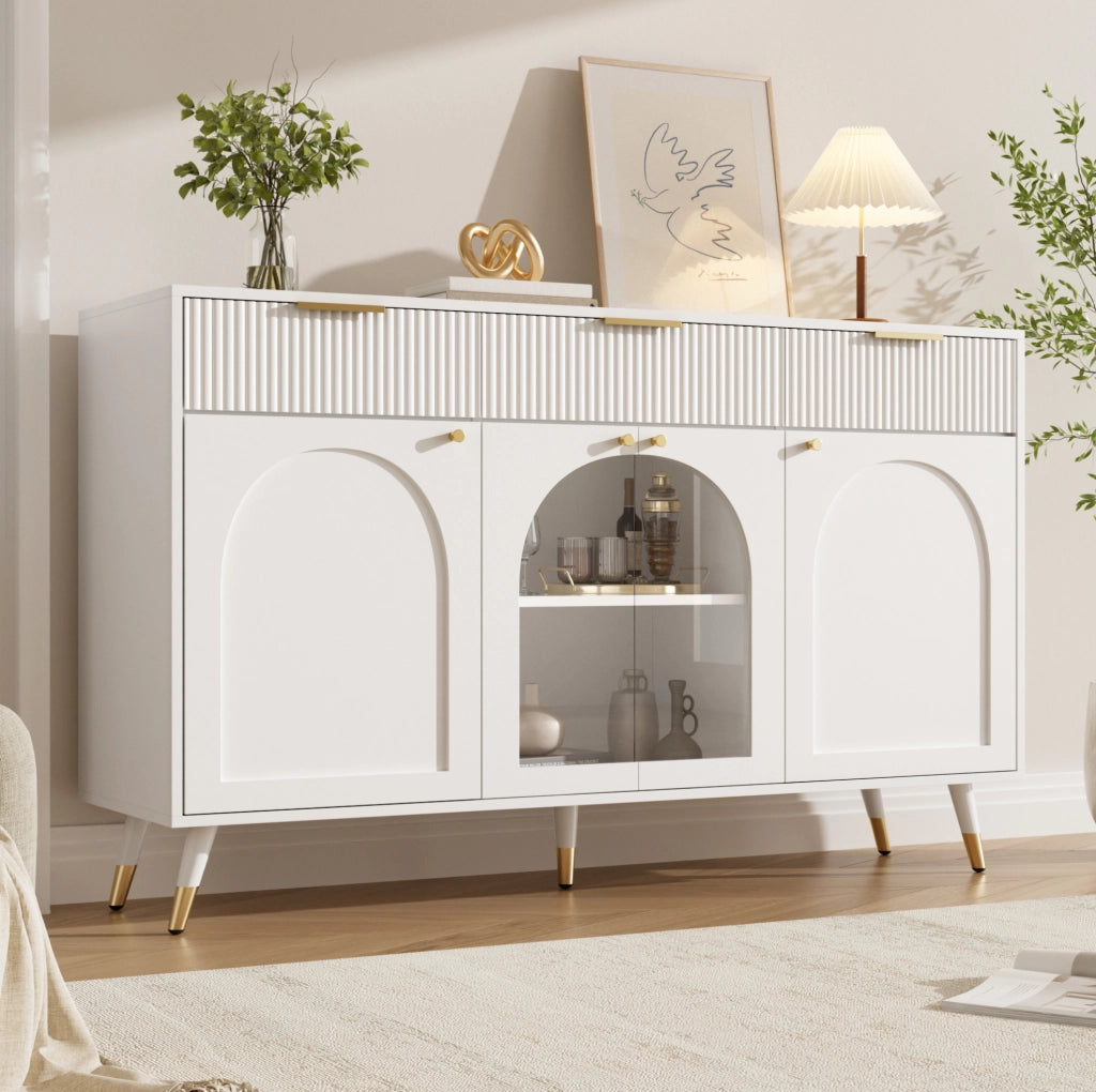 Credenza ULEVR 140x40x85,5 cm con 4 ante in acrilico trasparente e 3 cassetti, bianca