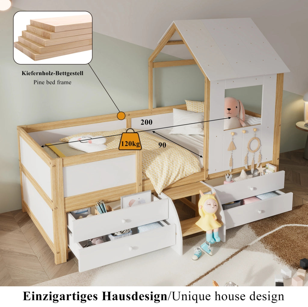 Letto a casetta semi-alto con cassetti