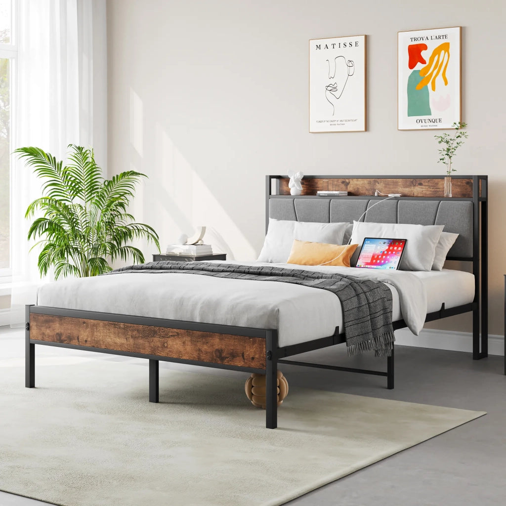 Letto 120x200 cm con luci LED, testiera portaoggetti e USB, struttura metallo robusta silenziosa, facile montaggio. No base a molle