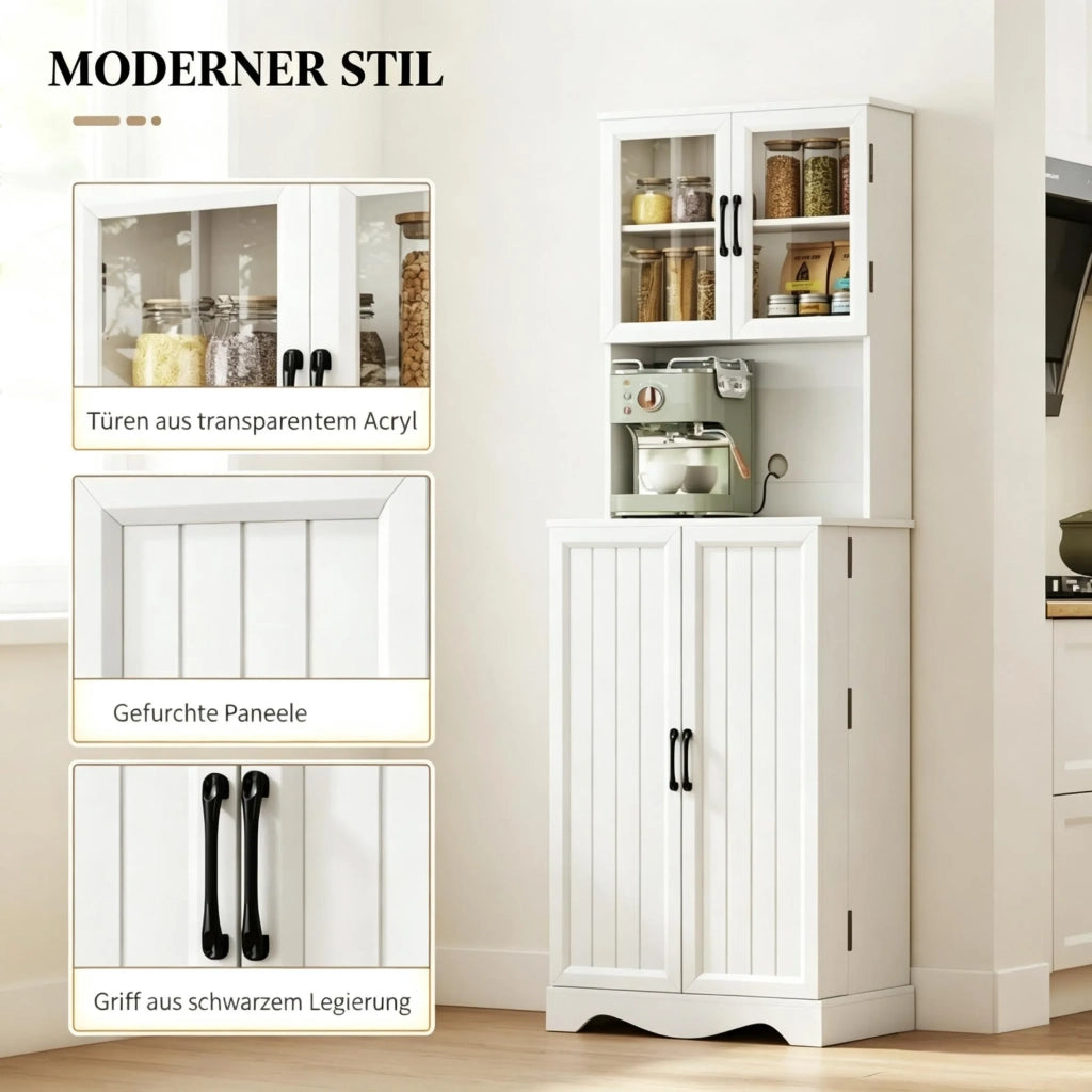 Alta Credenza da Cucina con 4 Ante, Piano di Lavoro e Ripiani Regolabili, 8 Portaspezie, Mobile Contenitore Pratico per la Cucina