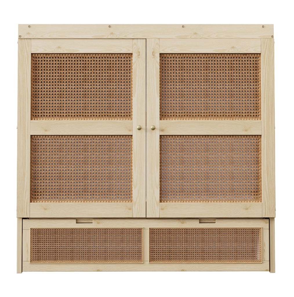 Letto a scomparsa 140x200 cm con rete a doghe, design in rattan e struttura in legno, con cassetti contenitori