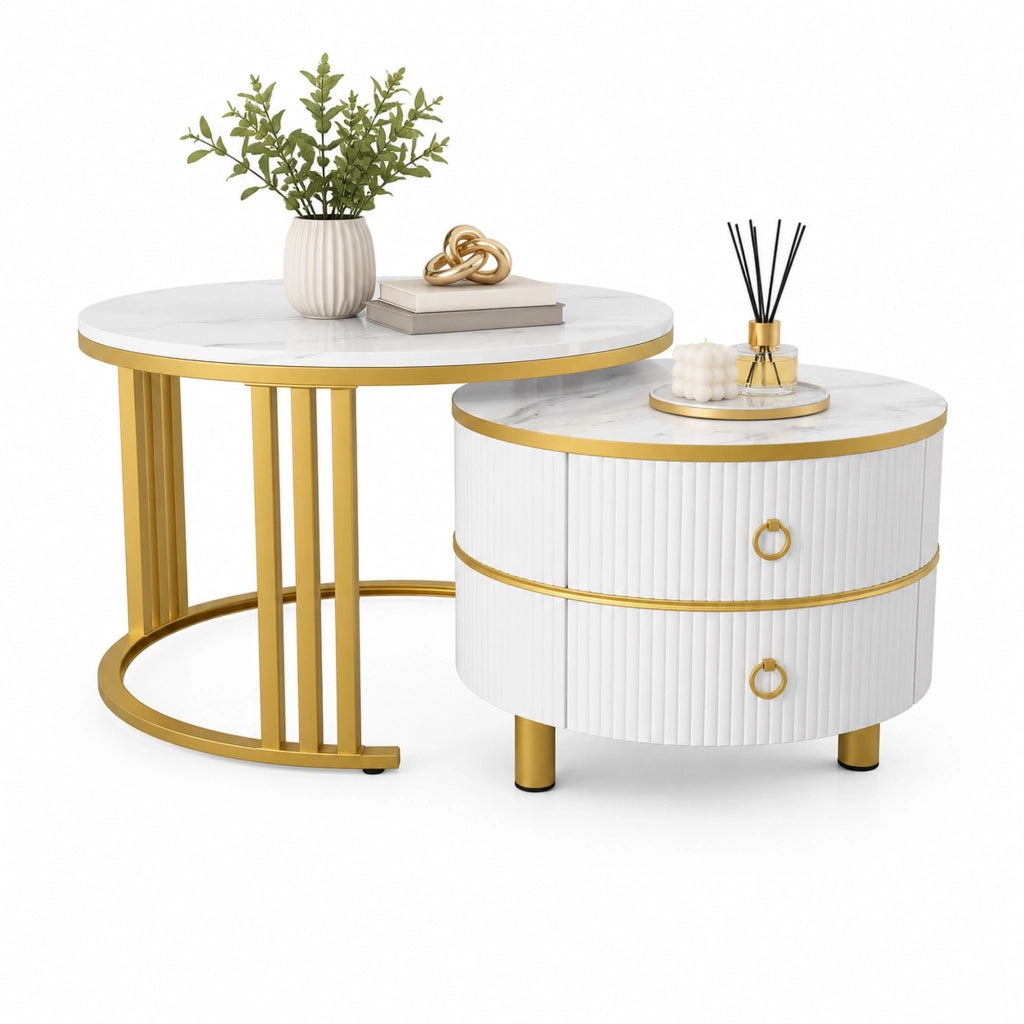 Set di 2 Tavolini Rotondi in MDF con Piano Lucido e Marmo Bianco, 70x70x46 + 50x50x40 cm
