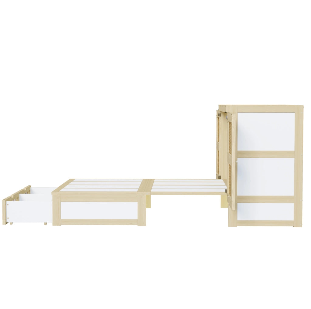 Letto a scomparsa 140x200 cm con rete a doghe, design in rattan e struttura in legno, con cassetti contenitori