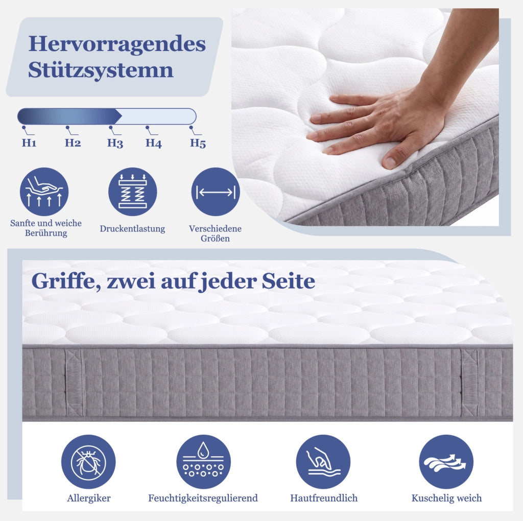 Materasso a molle insacchettate 90x200 cm, 25 cm di spessore, 7 zone di sostegno, durezza H3, colore bianco