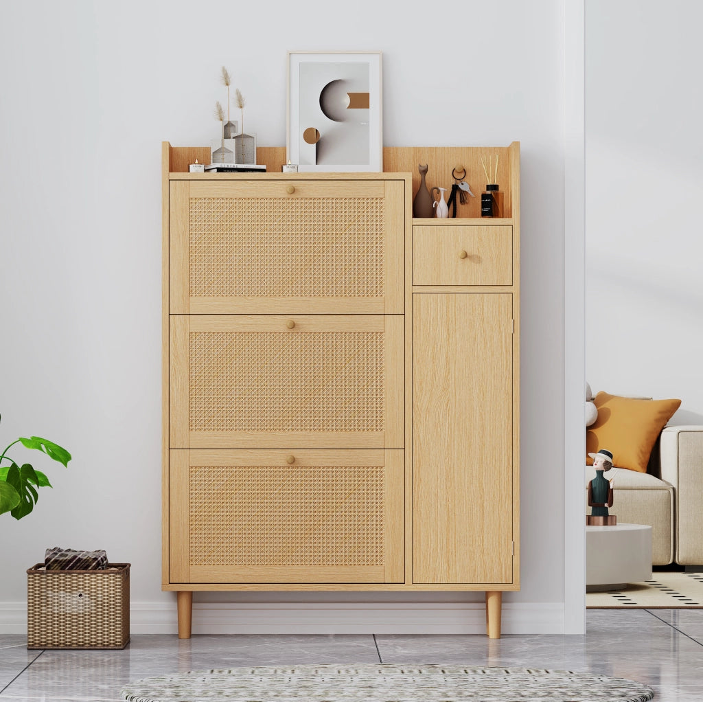 Scarpiera salvaspazio 90x125x17 cm con 3 ante a ribalta e cassetto in MDF naturale HOMVRA