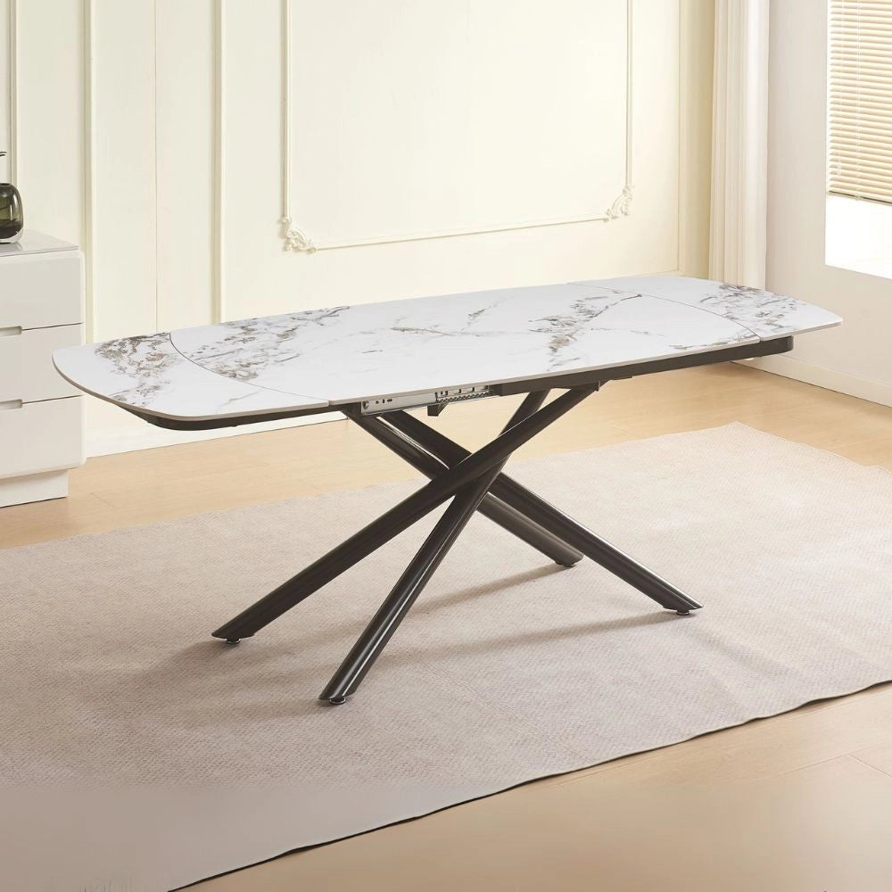 Tavolo girevole allungabile Astrid piano ceramica effetto marmo bianco 140x90x76H