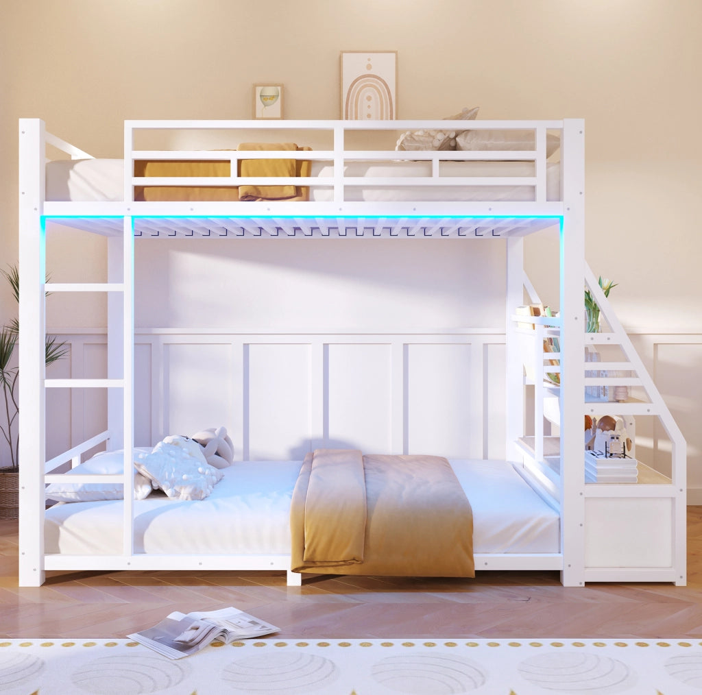 Letto a castello 90x200 cm in legno e metallo bianco con LED e 2 cassetti