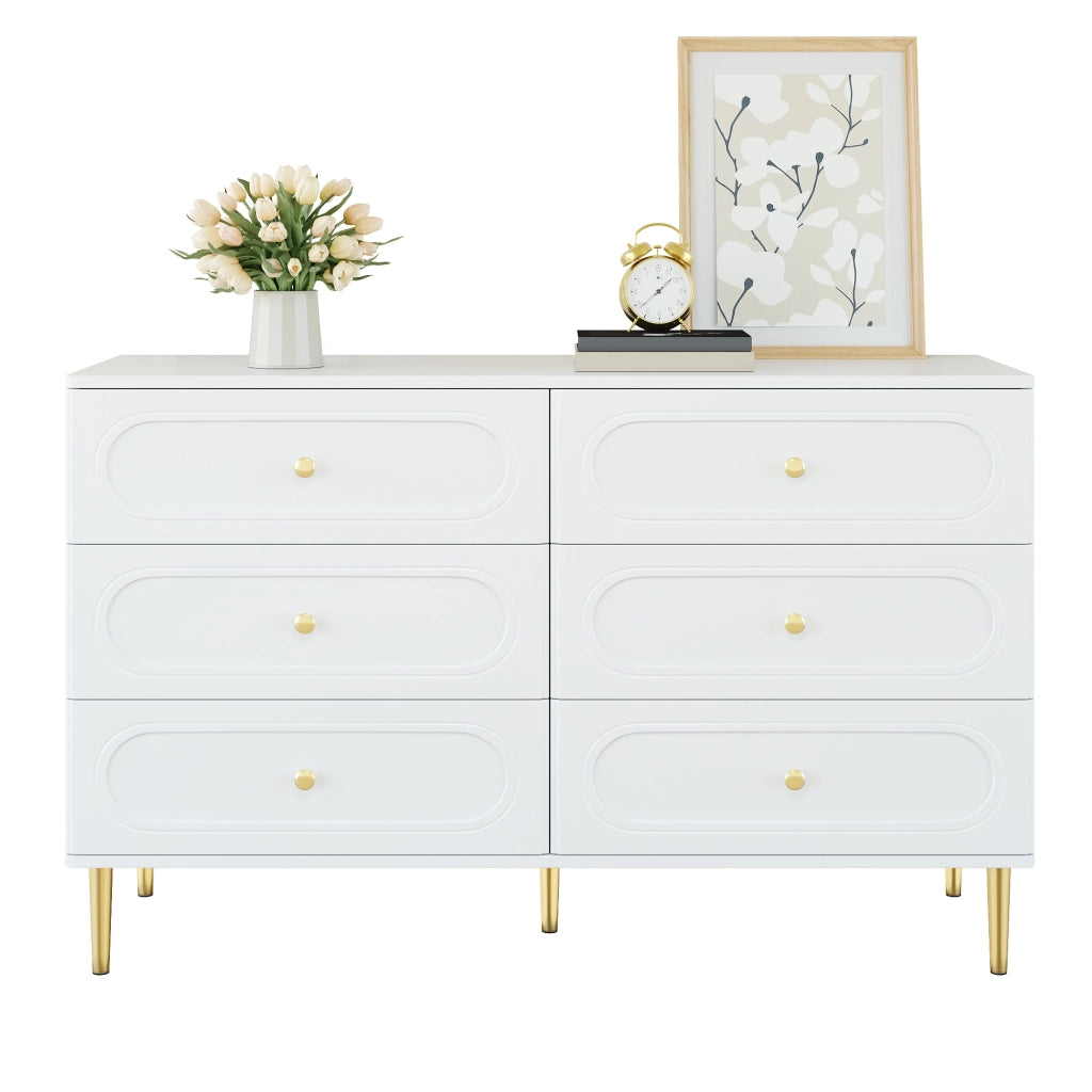 Cassettiera Bianca 6 Cassetti 120 cm; Credenza Moderna Soggiorno con Piedini in Metallo
