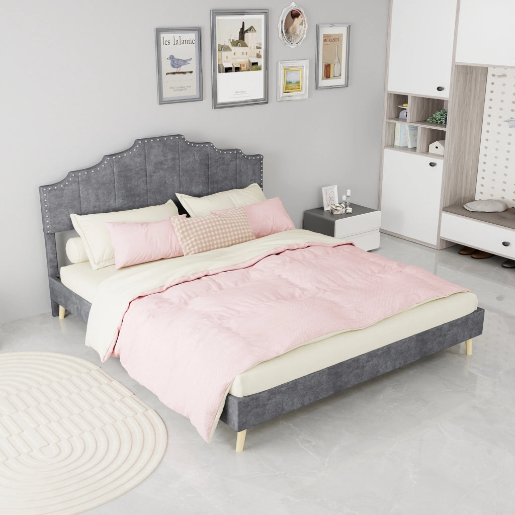 Letto con testiera geometrica per materasso 160 × 200 cm in tessuto grigio con rete a doghe