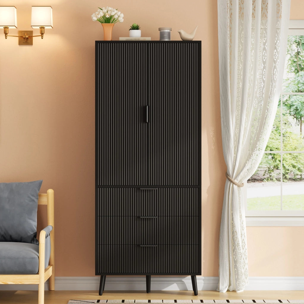 Armadio contenitore 75x35x180 cm con 2 ante e 3 cassetti in MDF nero