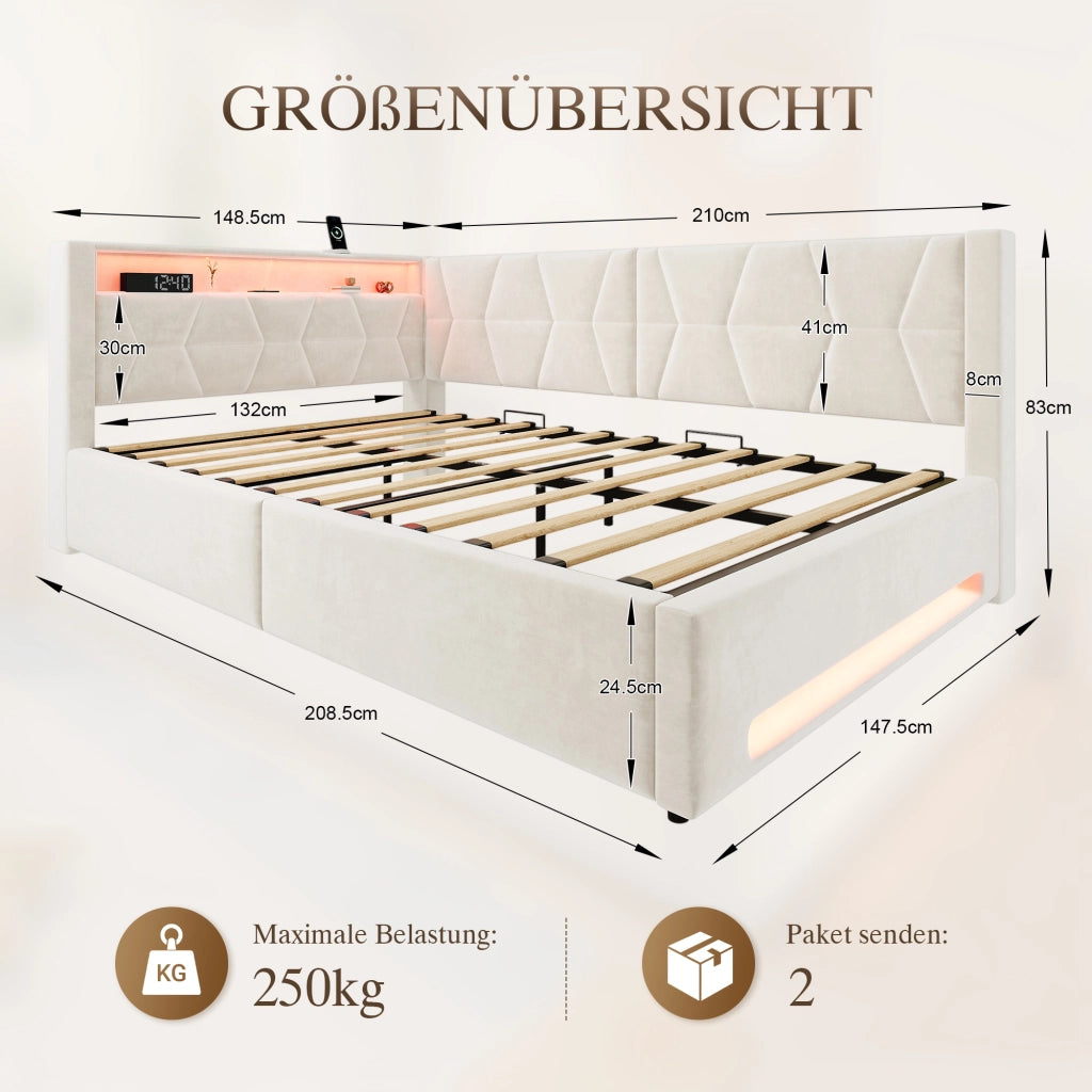 Letto contenitore matrimoniale 140 × 200 cm con vano idraulico, LED, USB e Type-C, senza materasso, beige