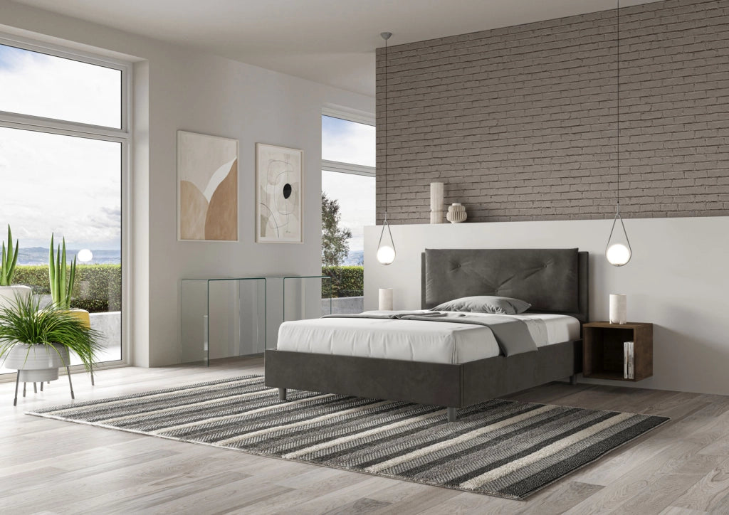 BS COM Letto matrimoniale francese con rete imbottito 140x210 microfibra grigio Large