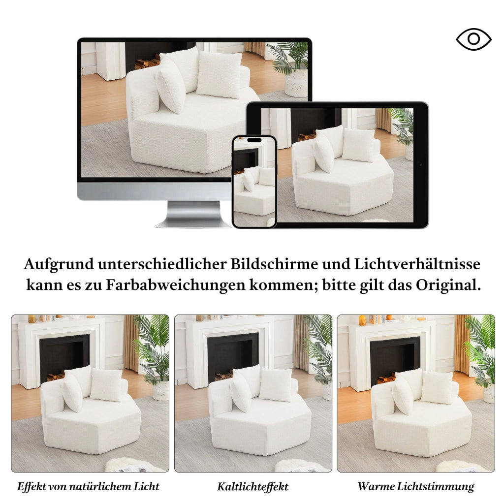Poltrona pouf modulare esagonale con tre cuscini e base antiscivolo per soggiorno in ciniglia beige