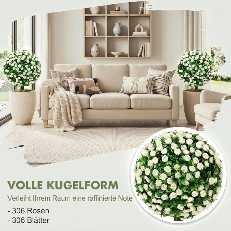 Albero artificiale di rose 2 pezzi con sfera da 30 cm e picchetto da terra in PE bianco resistente ai raggi UV