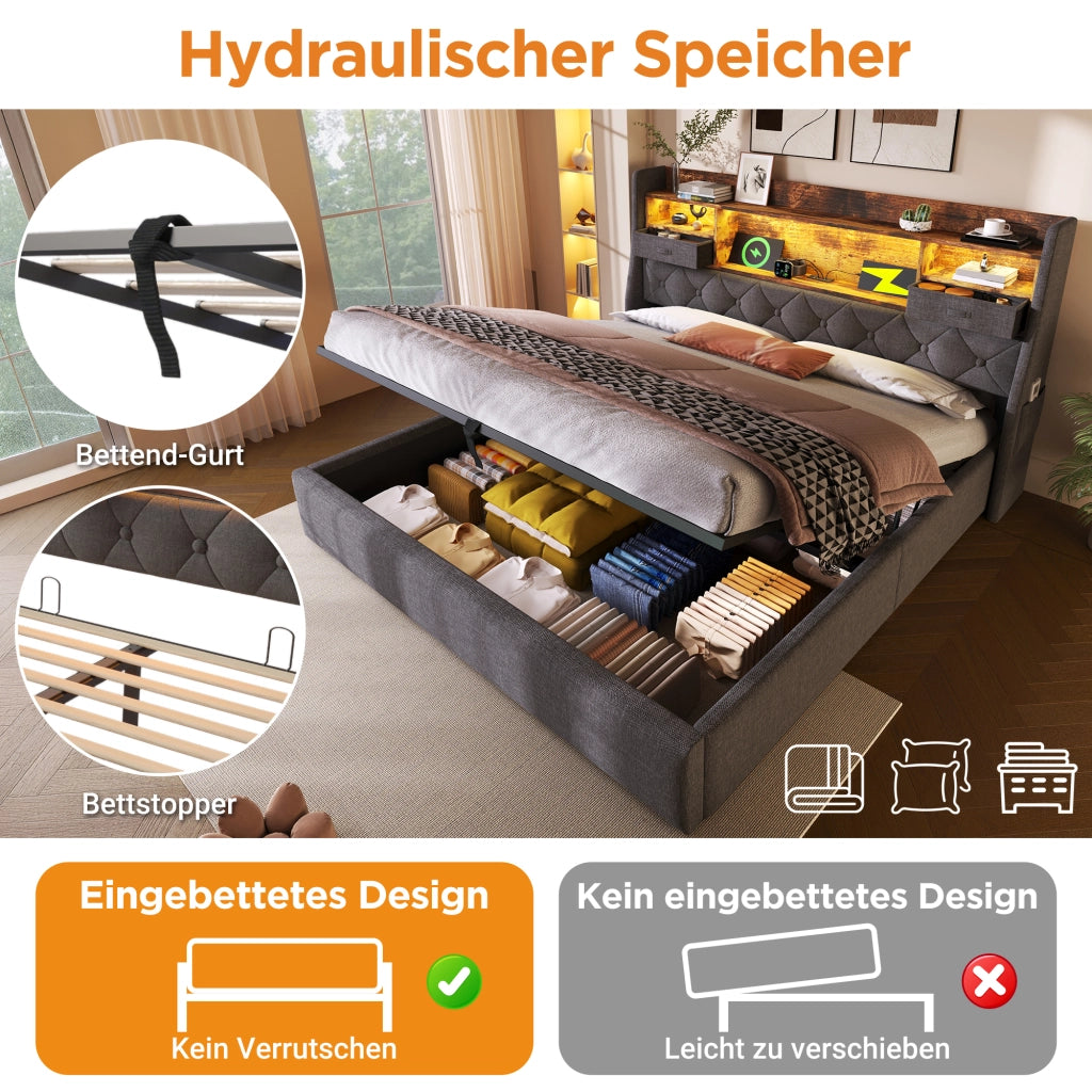 Letto contenitore 140 × 200 cm con LED e ricarica USB Type-C rivestito in lino grigio con materasso