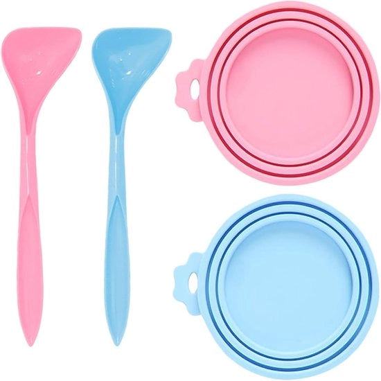 Set di conservazione per animali domestici - 2 coperchi e 2 cucchiai - Coperchi per conservazione di cibo per animali - Adatto per cani e gatti - Conservazione del cibo secco - Coperchi riciclabili per contenitori di cibo per animali.