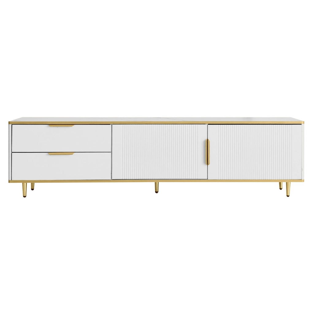 Mobile TV con 2 cassetti e 2 vani chiusi, ante scolpite, piedi rialzati, bianco e oro, 170 × 37 × 45 cm