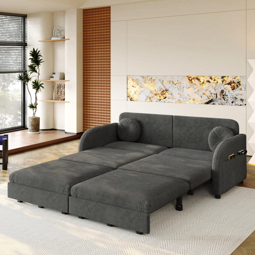 Divano letto estraibile 3-in-1 queen size 166 cm in chenille grigio con cuscini e tasche contenitive laterali