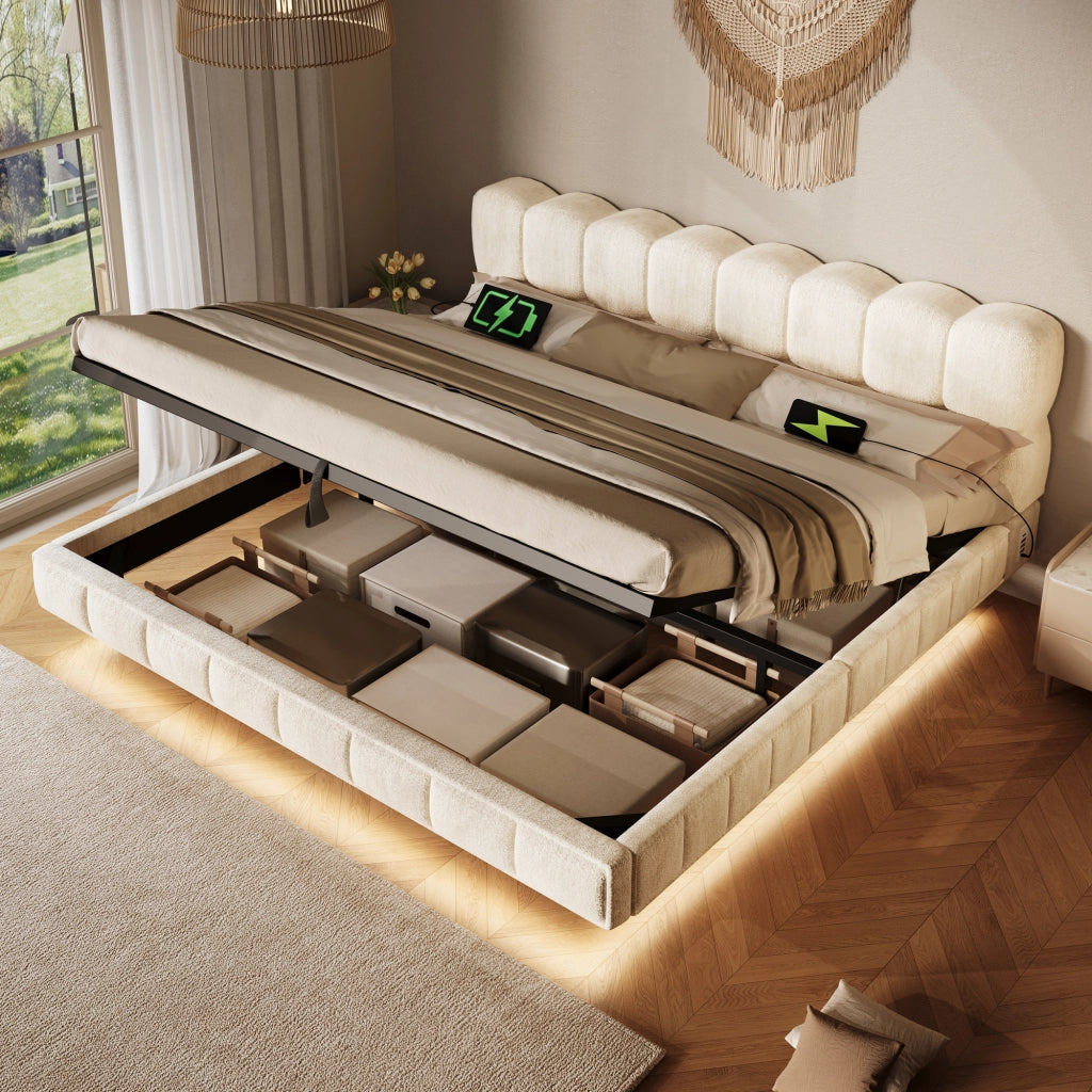 Letto contenitore 180 × 200 cm con LED e porte USB e Type-C rivestito in ciniglia beige con rete a doghe