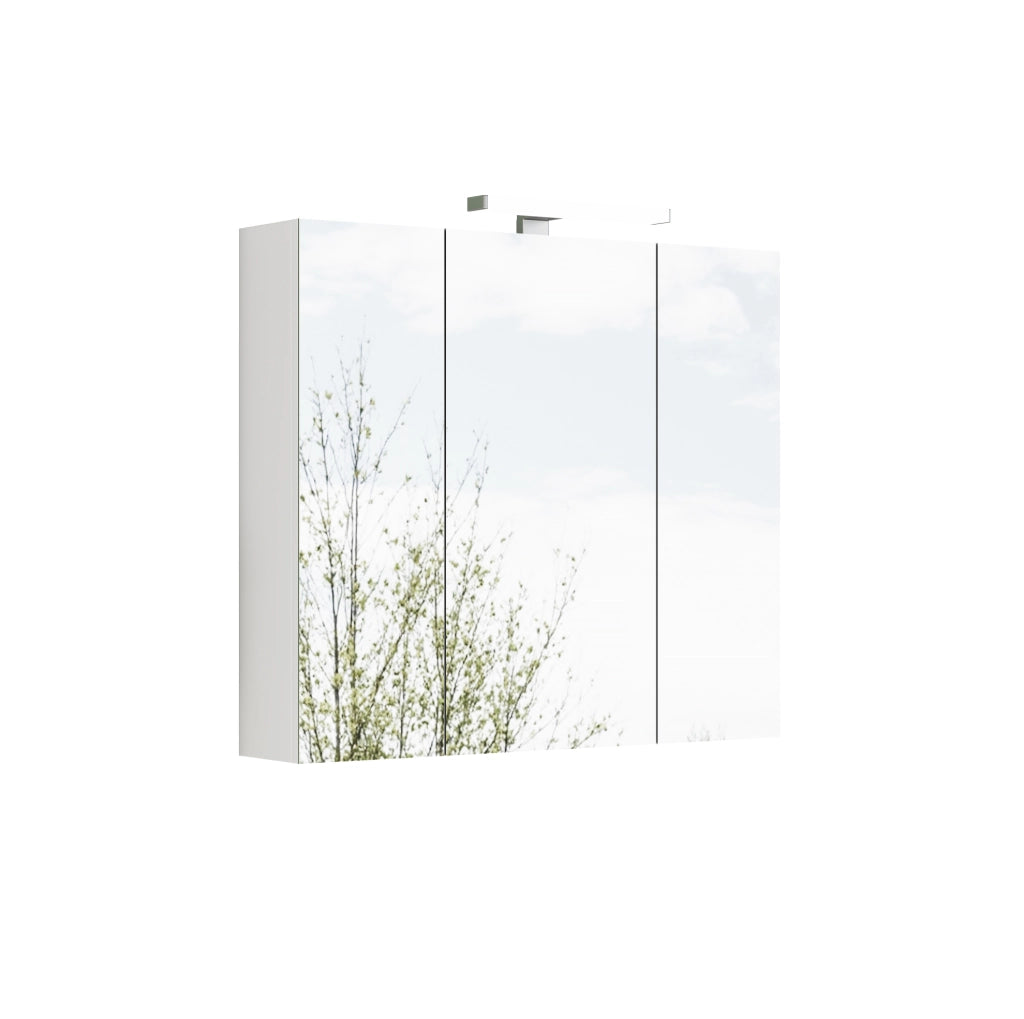 Mobile specchio bianco da 80 cm a parete con 3 ante, illuminazione LED e presa francese integrata
