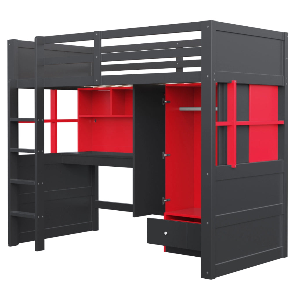 Letto a soppalco per bambini 90x200 cm con scala, armadio, cassetti e scrivania integrata, colore nero e rosso