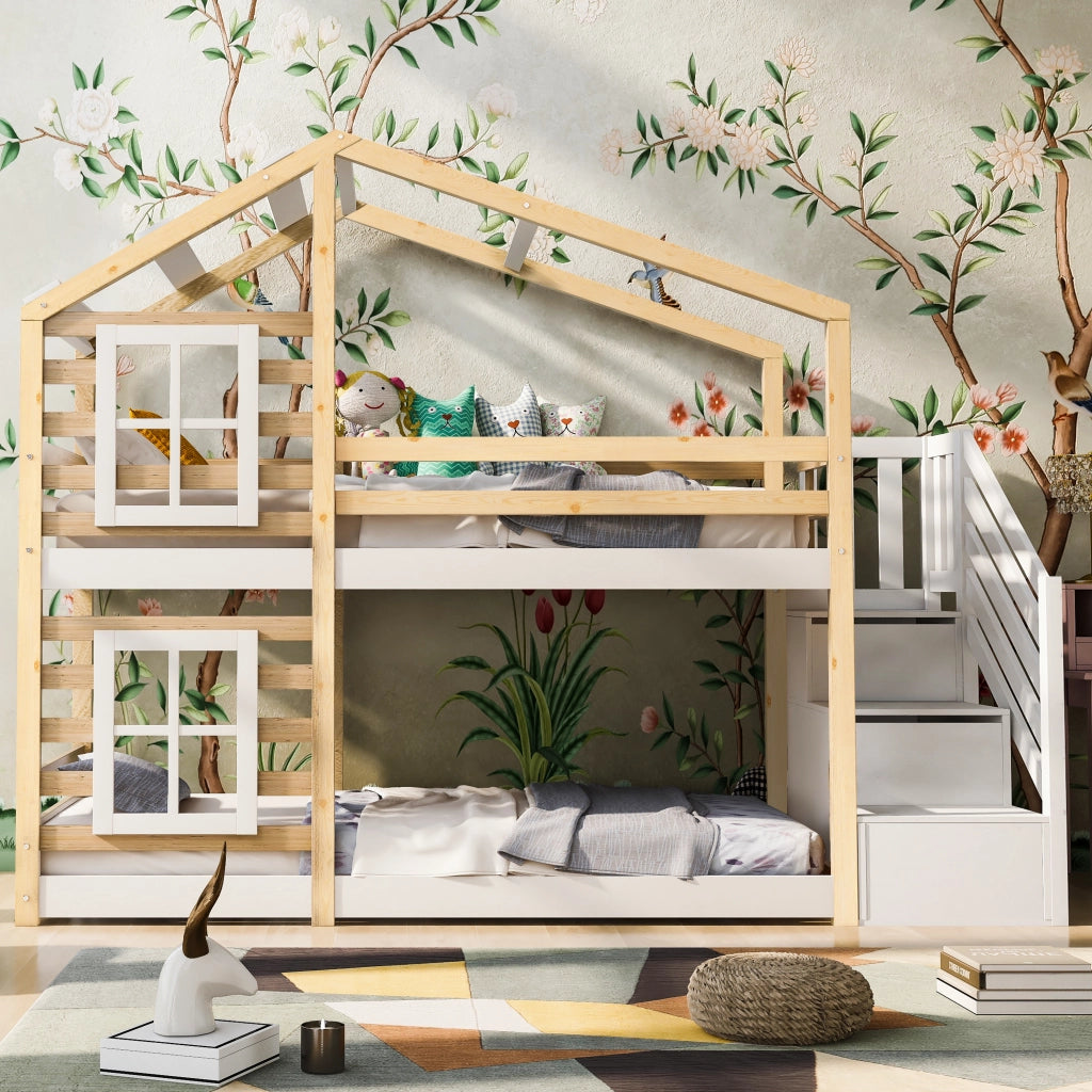 Letto a castello per bambini 90x200 cm a casetta con design ad albero; cassetti contenitore; legno massello e MDF; bianco e naturale