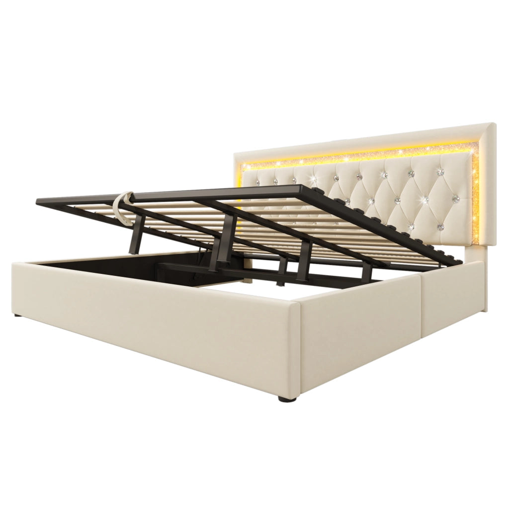 Letto matrimoniale 180×200 cm 2 posti con contenitore idraulico; LED regolabile; USB e USB-C; senza materasso; beige