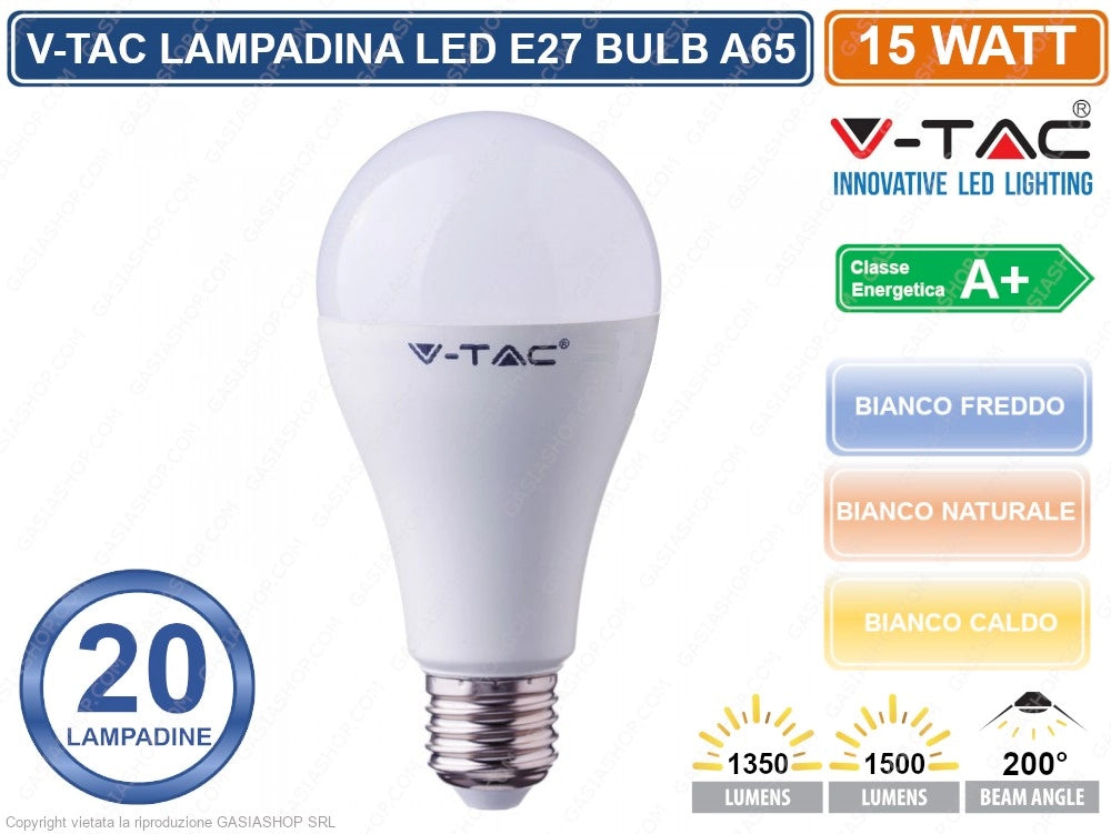 KIT 20 V-TAC VT-2015 LAMPADINA LED E27 15W BULB A65 - Colore Luce:Bianco Naturale