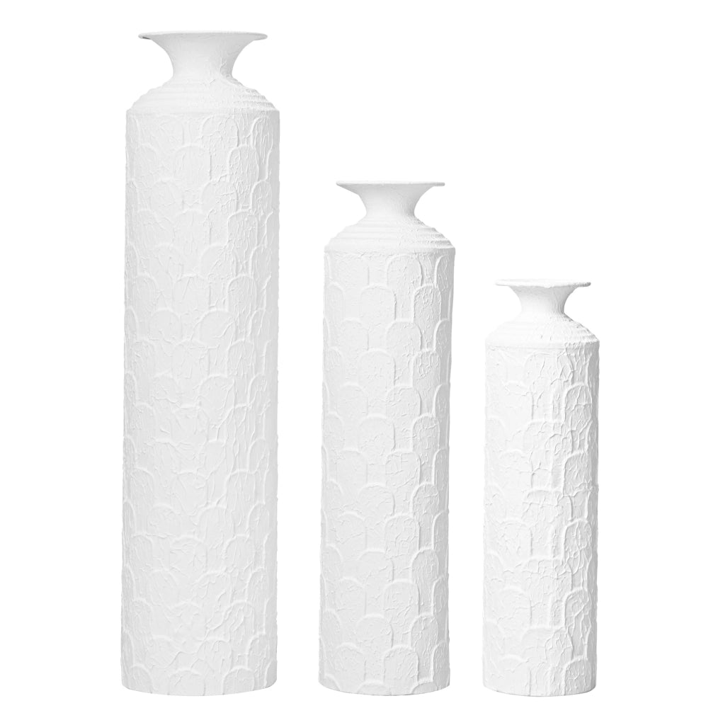 Set di 3 vasi da terra 50/65/85 cm in metallo bianco, effetto testurizzato –