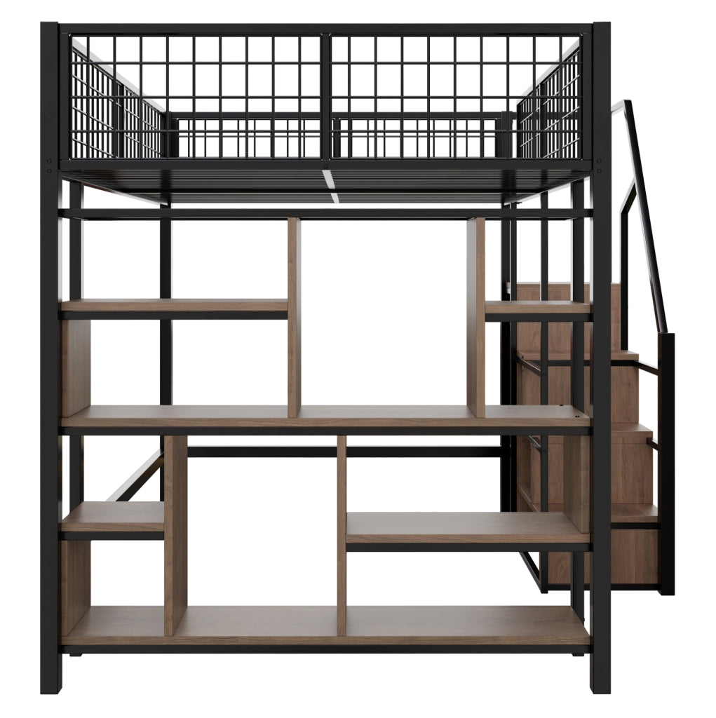 Letto a soppalco 140x200 cm con scala contenitore, in metallo, compensato e MDF nero