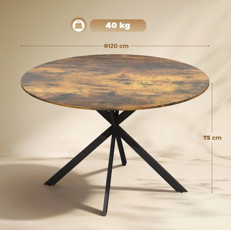 Tavolo da pranzo rotondo ?120 cm per 4 persone con piano in legno e gambe in acciaio marrone rustico