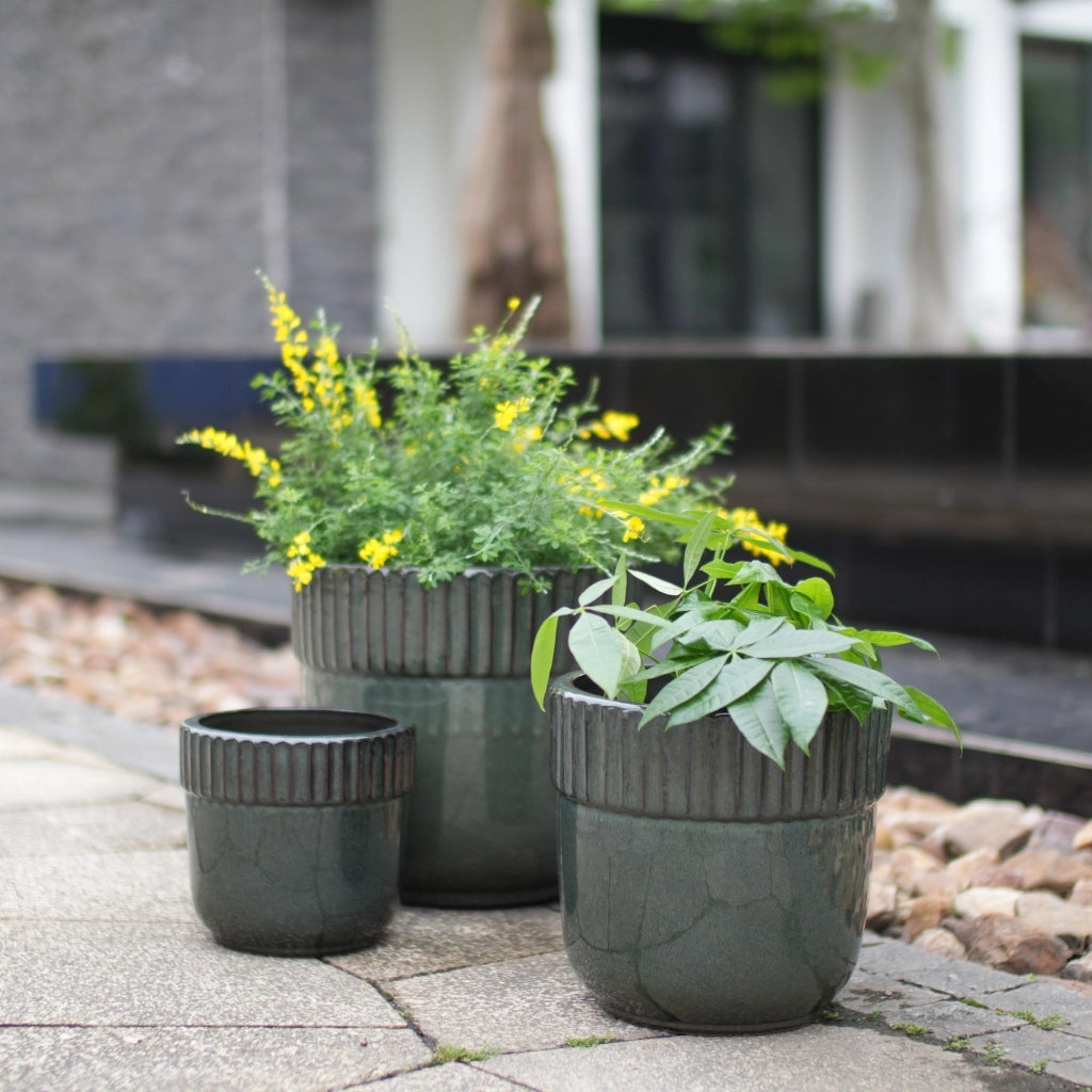 Vaso in ceramica fatto a mano Ø 38 cm con fori di drenaggio; smaltato verde scuro lucido per piante grandi