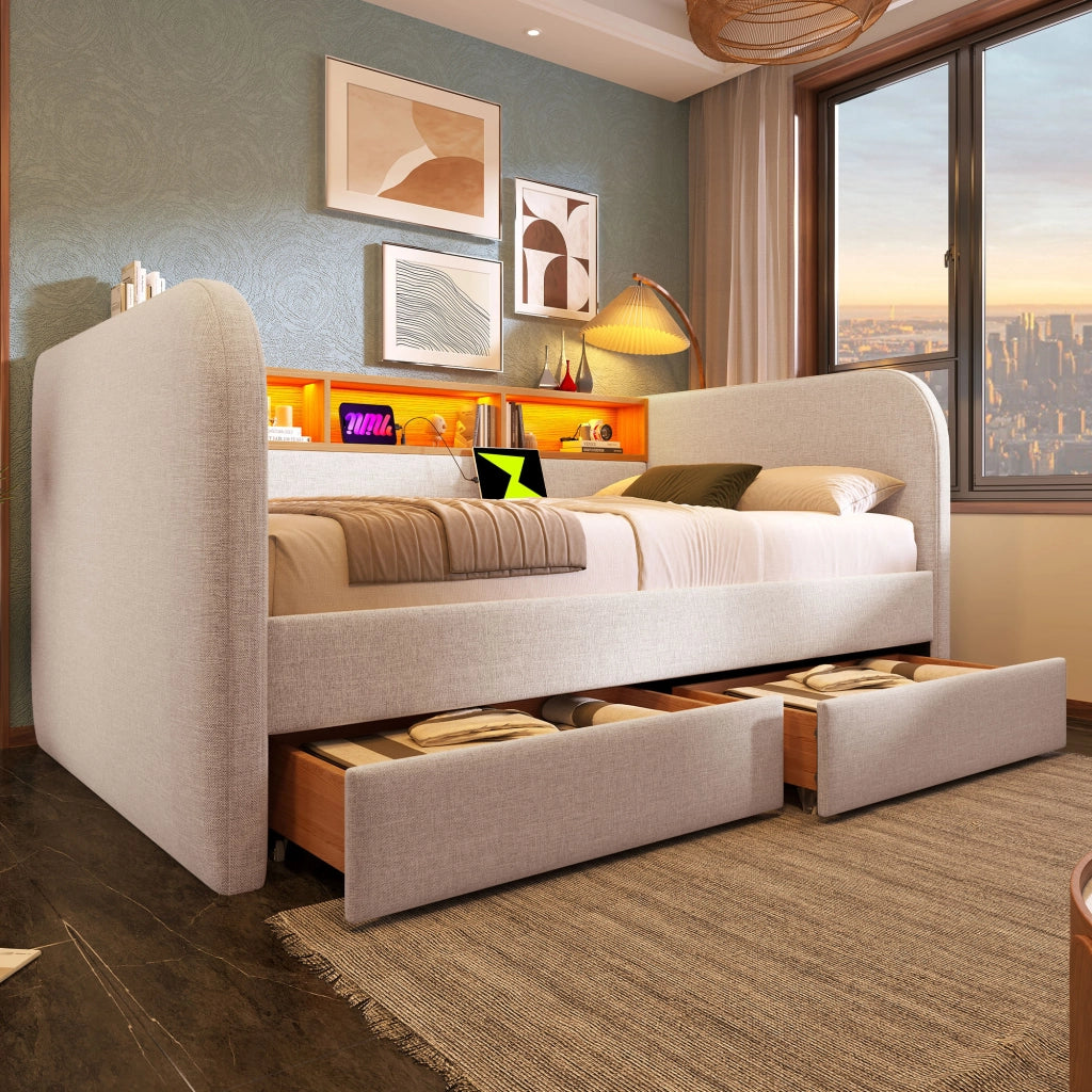 Letto imbottito 140 ¡Á 190 cm con testiera LED porte USB e Type-C due cassetti in lino beige chiaro senza materasso