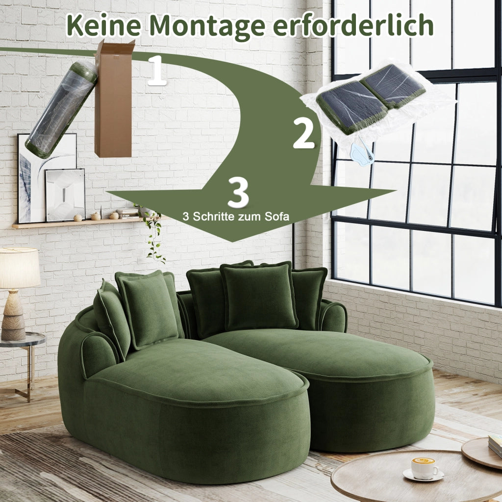 Divano modulare trasformabile con chaise longue profonda e cuscini, design senza struttura in ciniglia verde