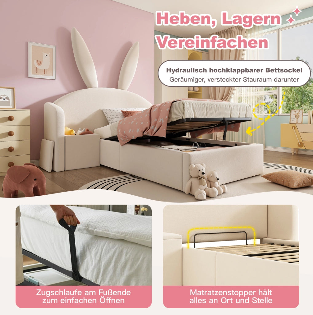 Letto per bambini 90x190 cm con contenitore idraulico e comodino in velluto; beige