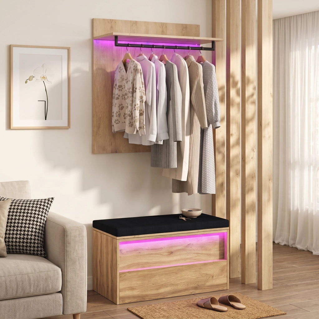 Set di mobili da ingresso con appendiabiti a parete; panca per scarpe con cuscino e LED; effetto rovere