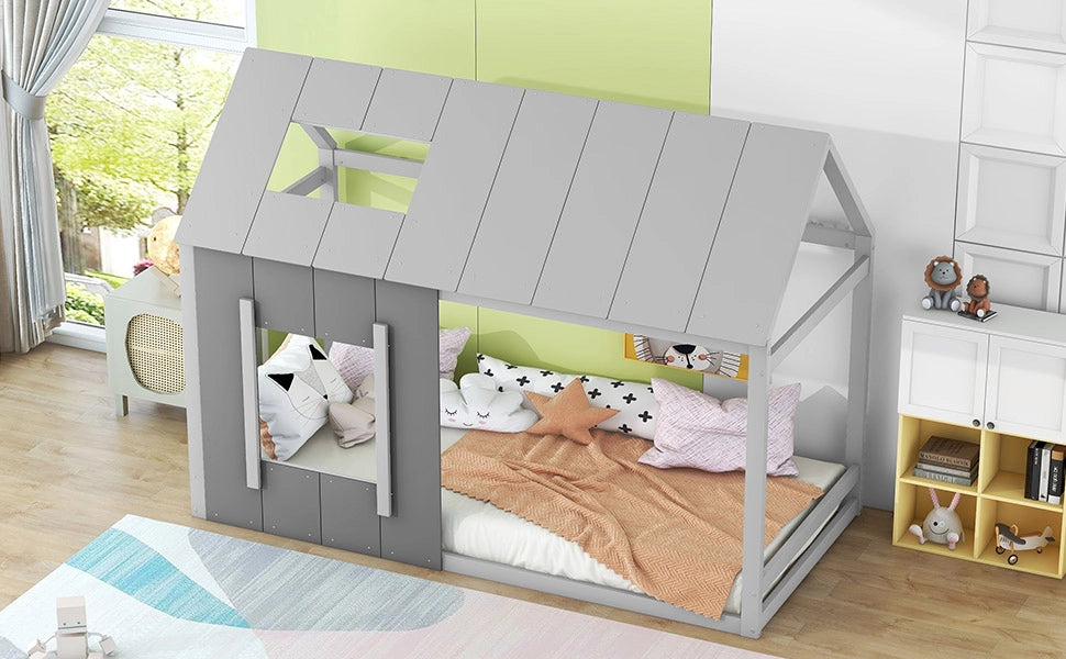 Letto per bambini a forma di casa 90 × 200 cm in pino e MDF grigio con tetto e finestra