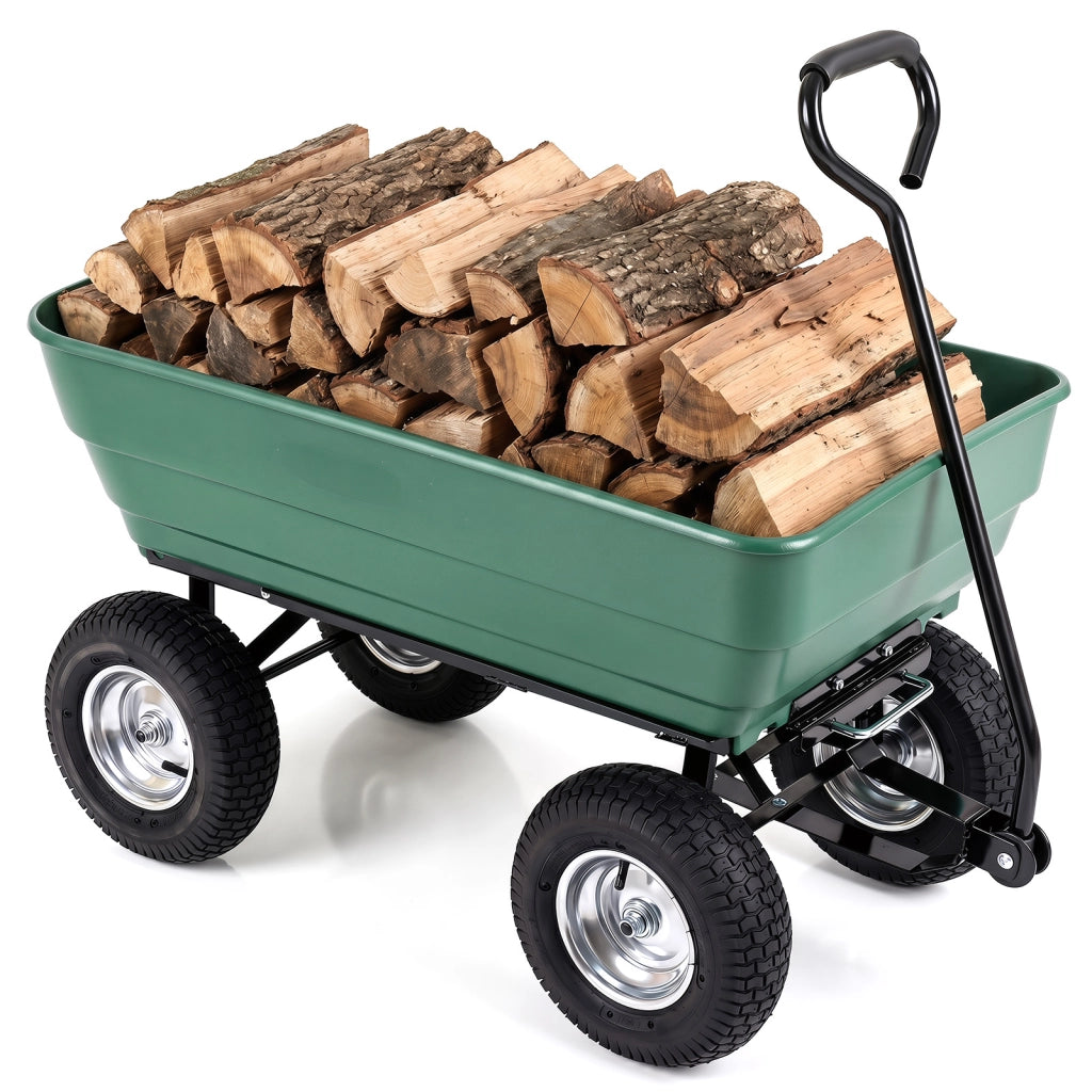 Carrello da giardino 125 l  con vasca ribaltabile manico regolabile e ruote pneumatiche, Carrello a mano in metallo portata 410 kg
