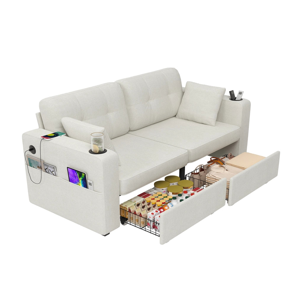 Divano a 2 posti con portabicchieri; vani laterali e USB - in chenille beige