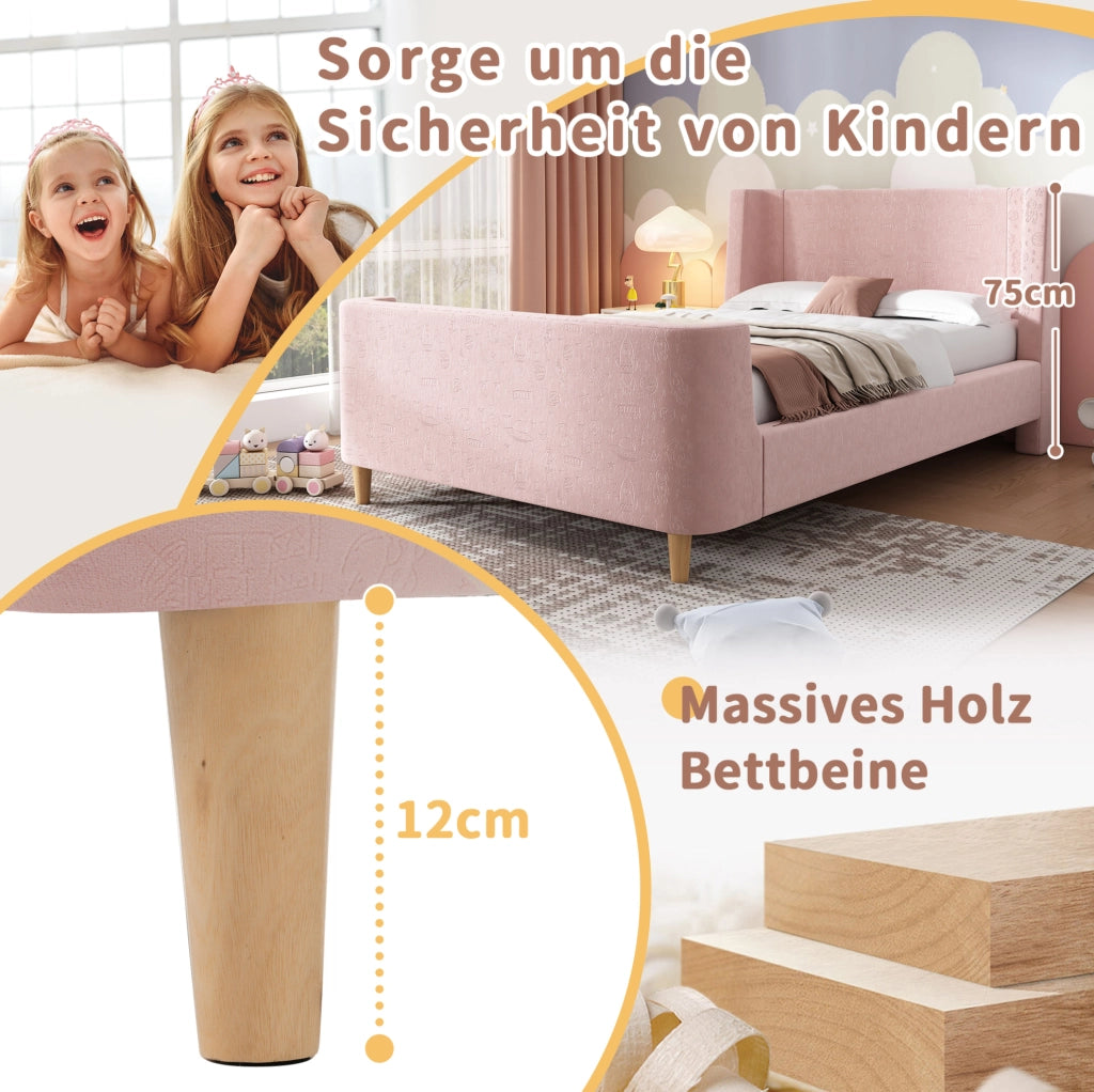 Letto Singolo per Bambini 90x200 cm in Velluto Rosa con Struttura a Slitta e Motivo Cosmico