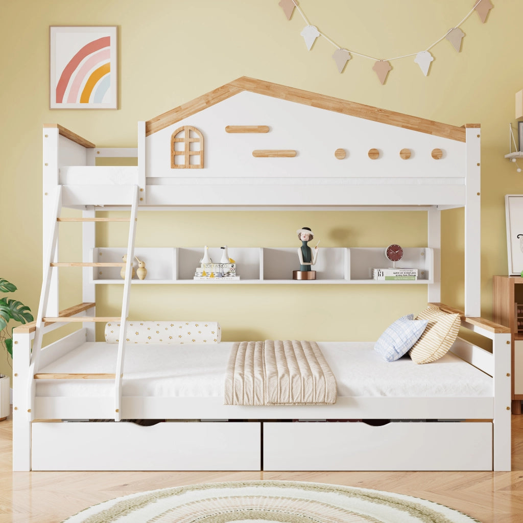 Letto a castello per bambini in pino e MDF bianco e naturale con due cassetti; finestrella e scaletta; 90x200 e 140x200 cm