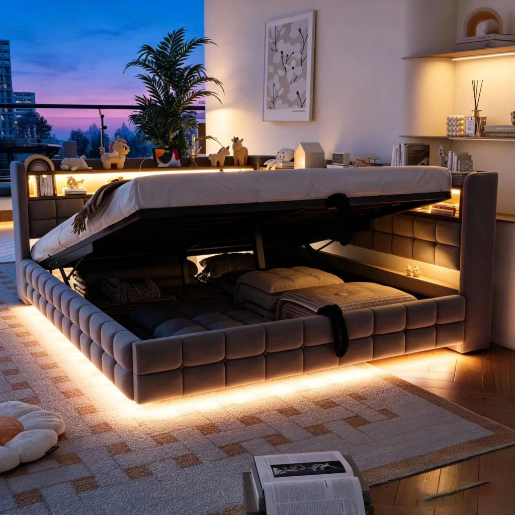 Divano letto imbottito ULEVR 140x200 cm con vano idraulico, LED, presa USB e Type-C, velluto grigio chiaro