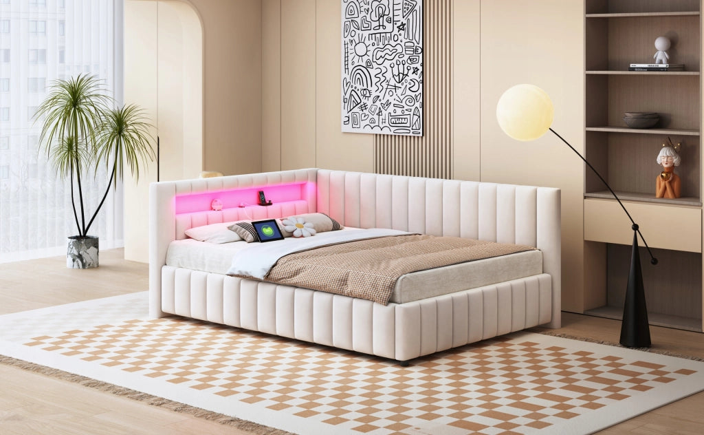 Letto imbottito con LED e USB - Xylo - 140x200 - Beige