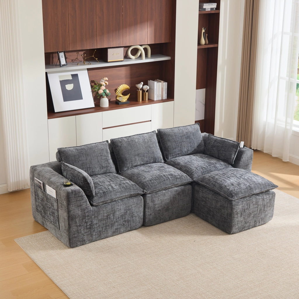 Divano modulare a 3 posti in ciniglia grigio scuro con pouf cuscini e tasche laterali 256 × 161 × 75 cm