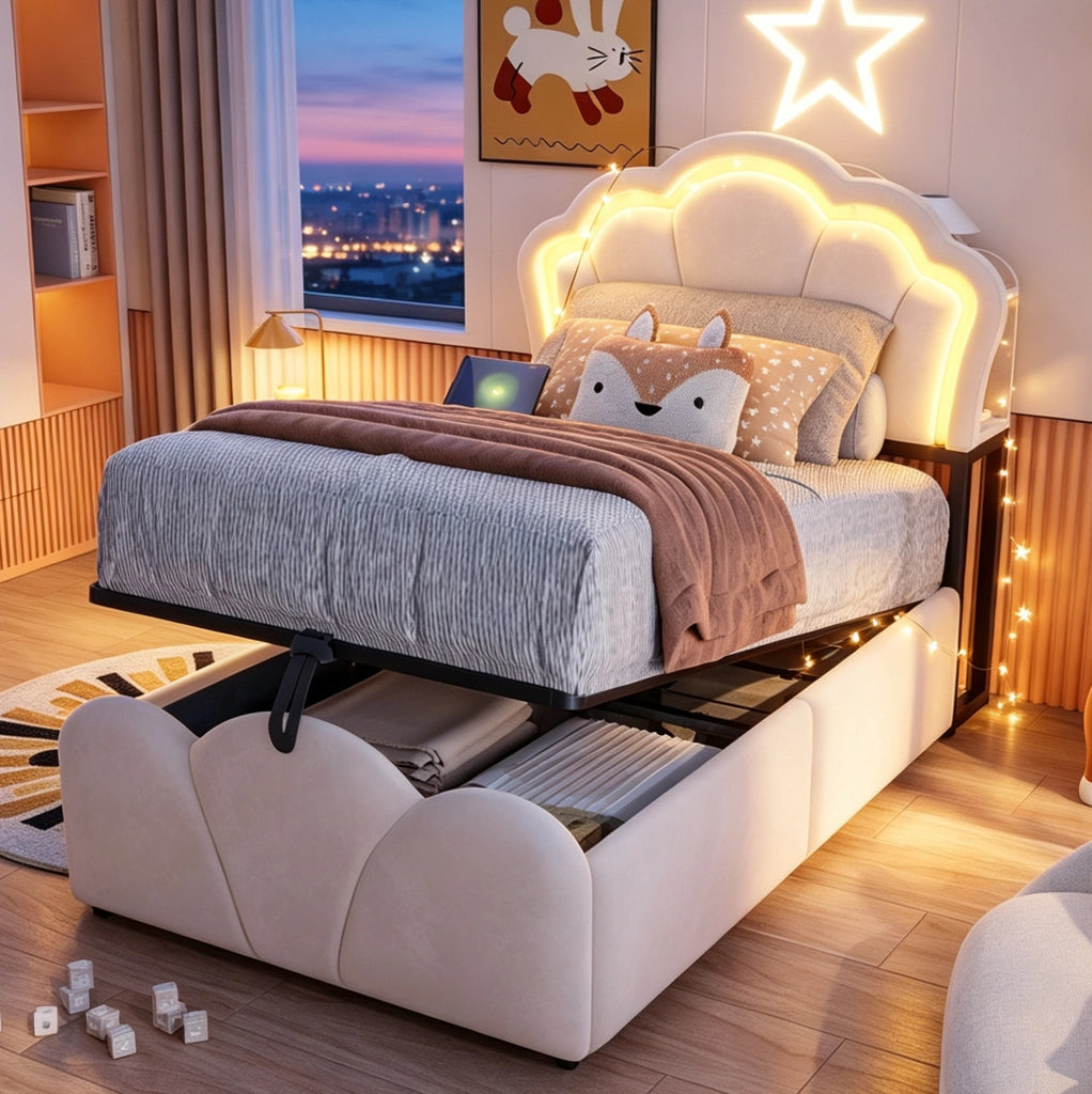 Letto imbottito 90x200 cm beige con contenitore, LED e prese