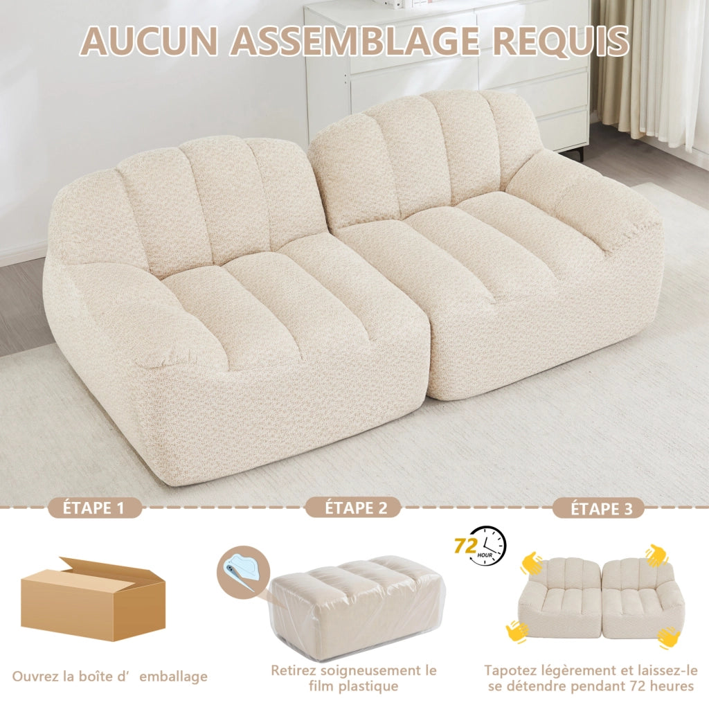 Divano modulare a 3 posti in schiuma densa 32D senza struttura, rivestimento in fleece granulato beige e bianco