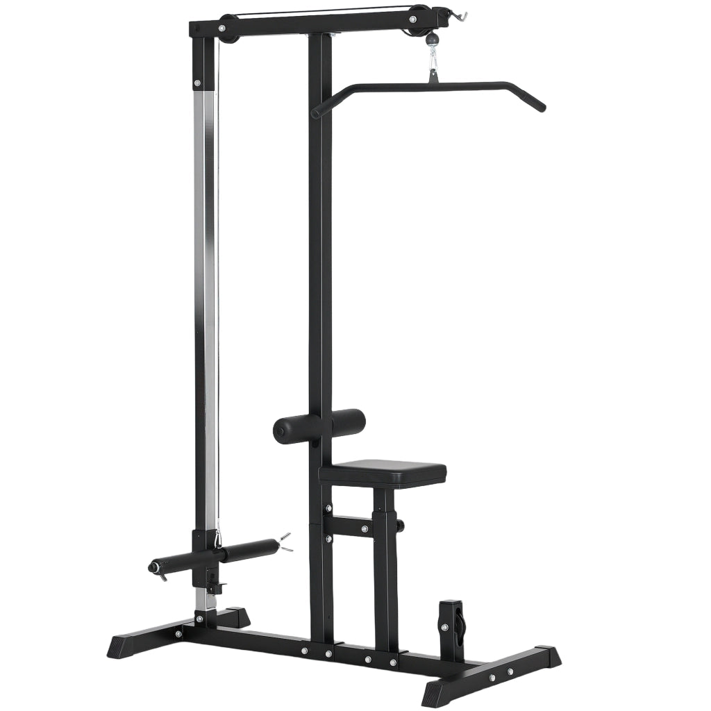 Stazione fitness multifunzionale con sedile regolabile e carrucola, in acciaio, nera, 107x120x190 cm